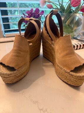 Chloe Tan Scalloped Suede Espadrille Wedge Sandals